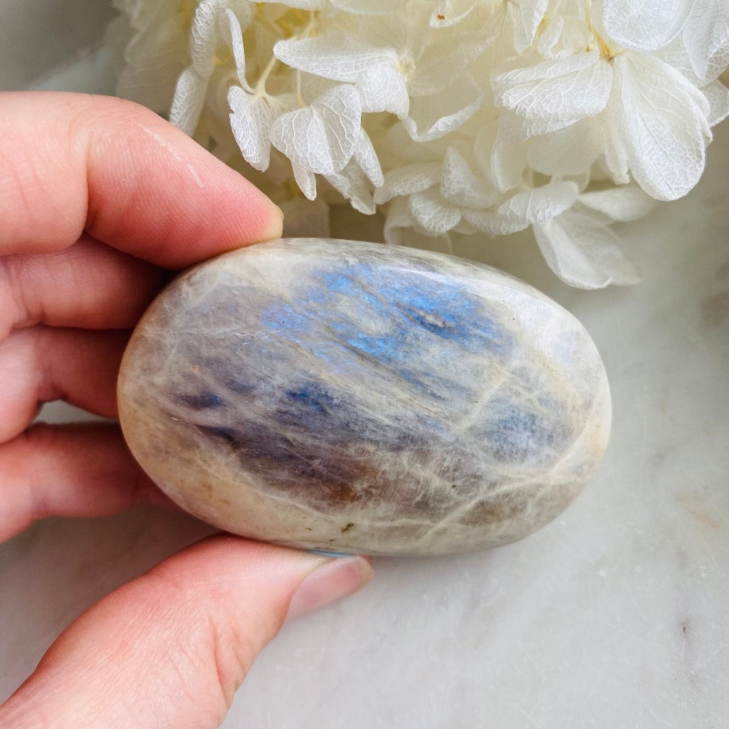 Moonstone Palm Stone Blue Flash